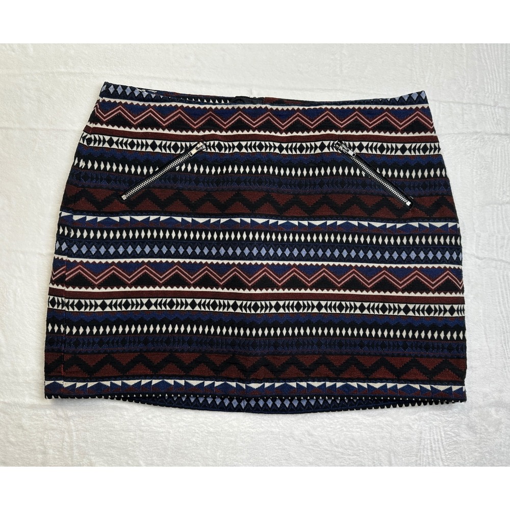 H&M Divided Mini Skirt Womens 10 Multicolor Tribal Geometric Woven Zipper Detail